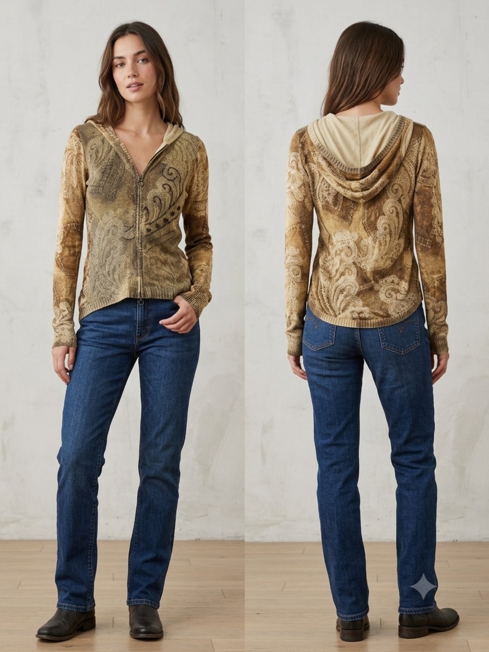 Vertigo Paris Y2K Paisley Printed Hooded Zip Lightweight Sweater Size Small